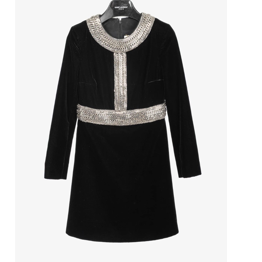 Saint Laurent AW/14 Runway Black Velvet Chain-Embellished Mini Dress